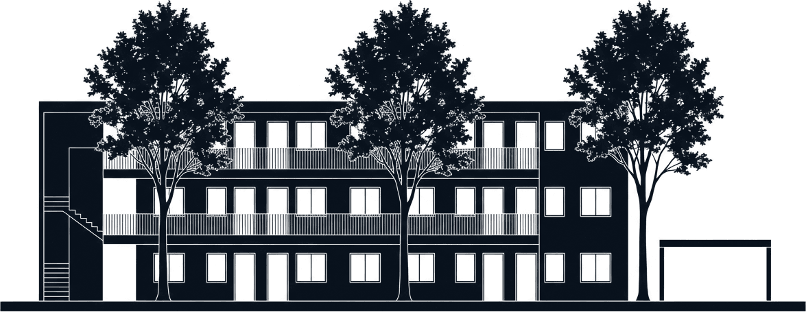 Drawn elevation of a three-story apartment building with balconies, an exterior stair, a carport, and mature trees in front.
