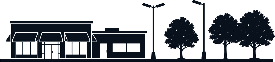 Drawn elevation of a commercial property: storefront with awnings, a low office building, lot lighting, and trees along the edge.