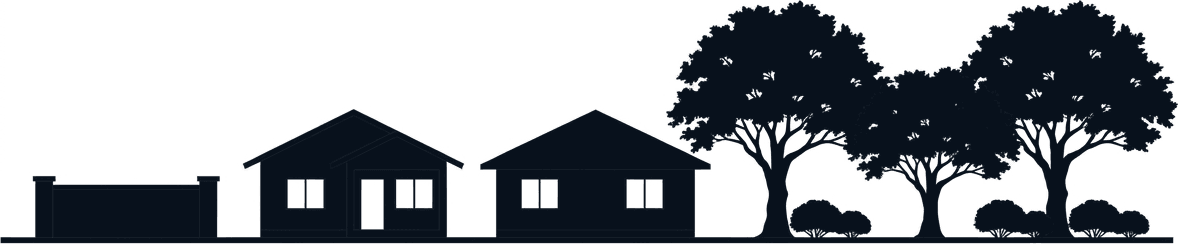 Drawn elevation of an HOA common area: monument wall, two single-story homes, mature shade trees.